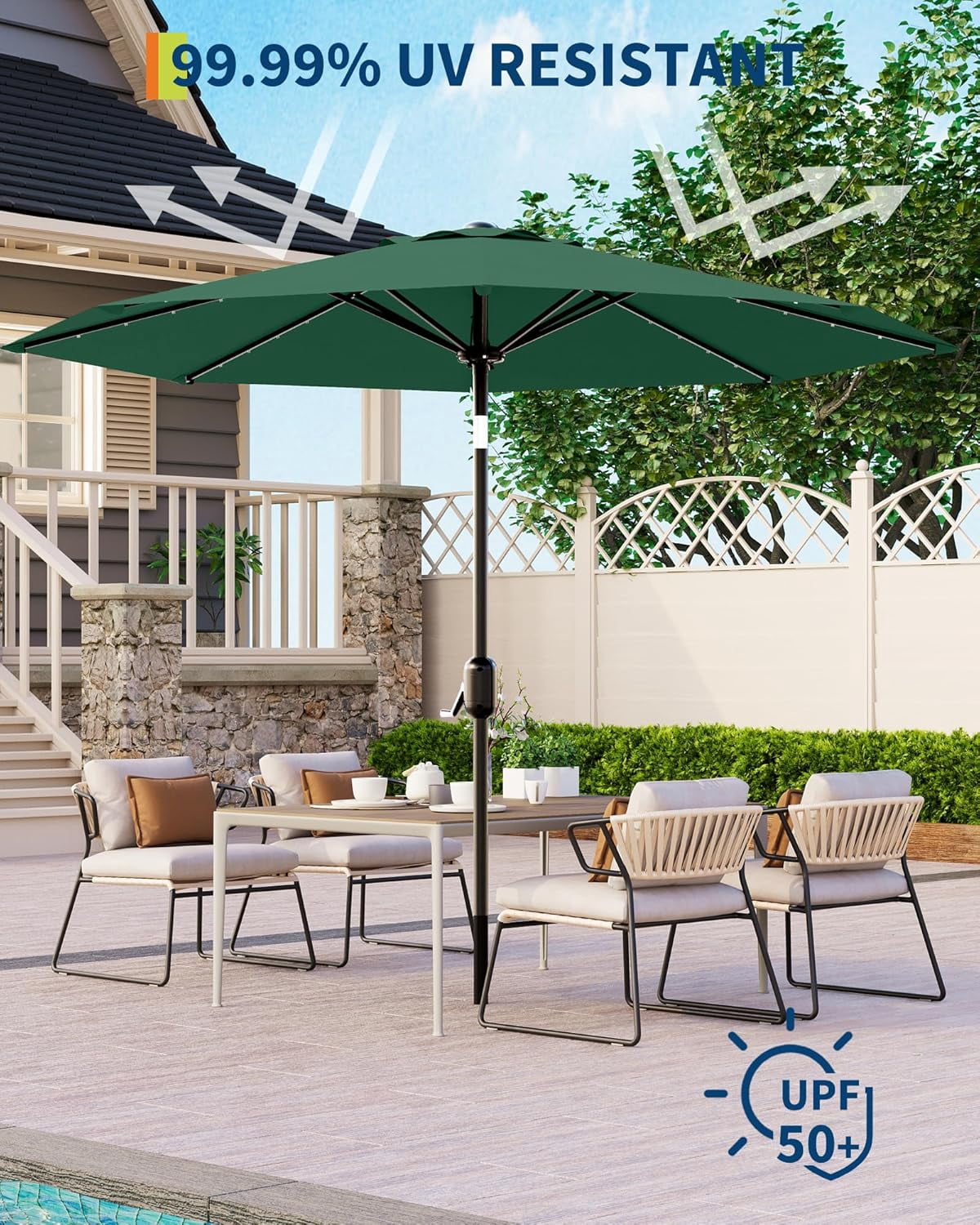 9Ft Solar LED Patio Umbrella - 32 Lights Auto-Charging, 8-Rib Heavy Duty Steel Frame, Tilt Crank & UV Resistant, Waterproof Outdoor Market Umbrella for Pool Deck Garden, Dark Green