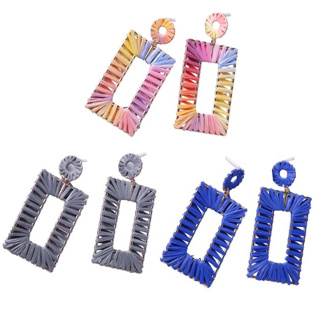 3 pares de pendientes de rafia, pendientes bohemios, pendientes geométricos colgantes para mujer, pendientes de paja hechos a mano, pendientes de playa para niñas