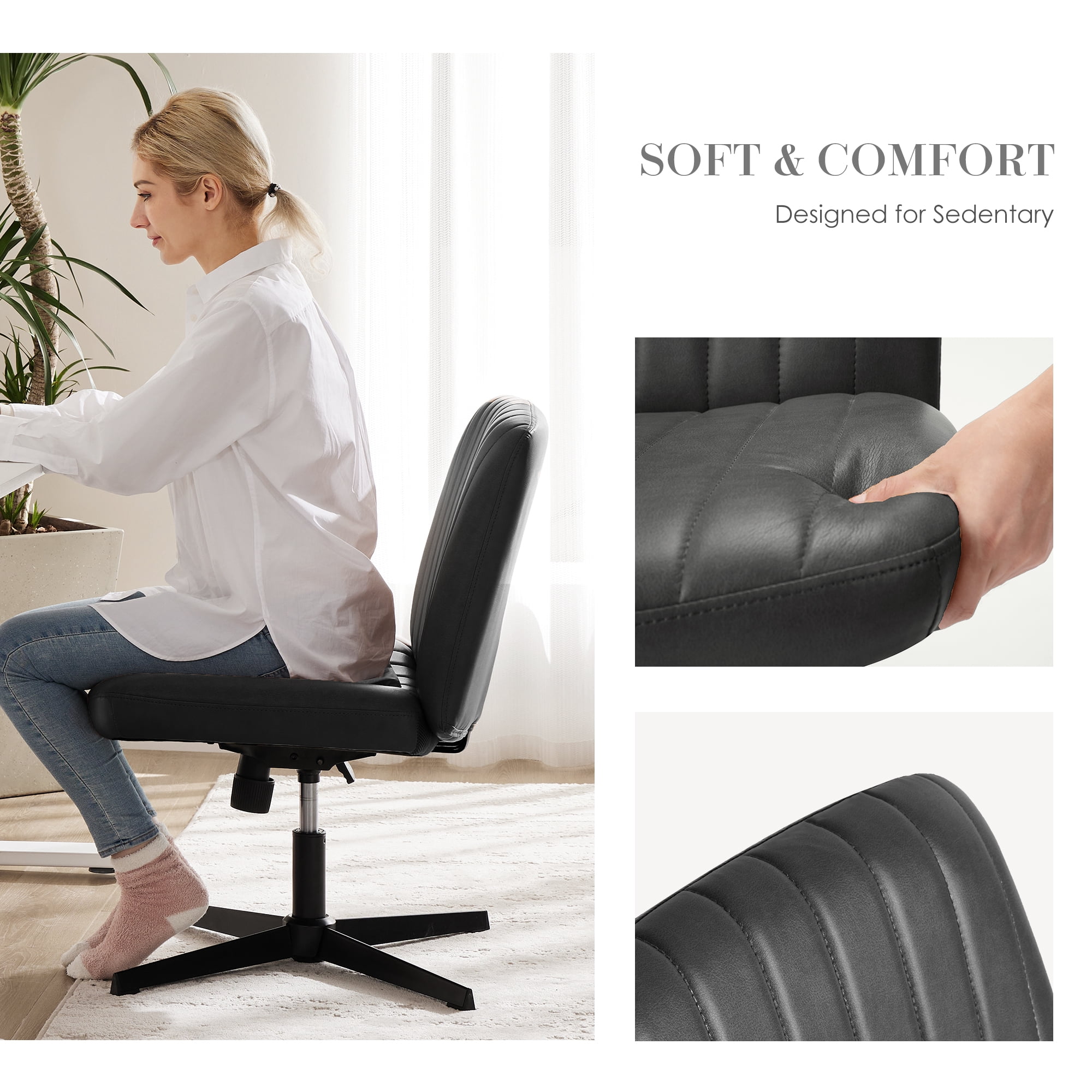 EDX Armless PU Leather Office Chairs no wheels, Adjustable Swivel Cross Criss Vanity Chairs, Black