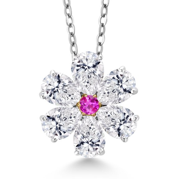 Gem Stone King 925 Silver and 10K Yellow Gold Lab Grown Diamond and Pink Sapphire Pendant Necklace for Women | 2.15 Cttw | Gemstone April Birthstone | Pear Shape 6X4MM | With 18 inch Chain