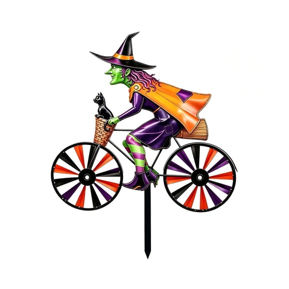 Witch on Bicycle Metal Garden Stake, 30cm Wind Spinner with Black Cat Cape, Halloween Yard Art for Lawn Patio Outdoor Decor