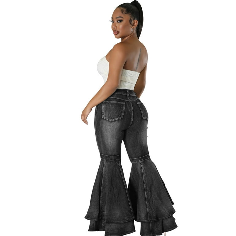 Summer 2023 Womens Fashion Pants Bell Bottom Jeans Casual High Waist Slim  Fit and Ruffle Flare Leg Denim Pants Streetwear Trousers with Pocket Women's  Jeans Womens Wide Leg Pants(Black,S) at  Women's