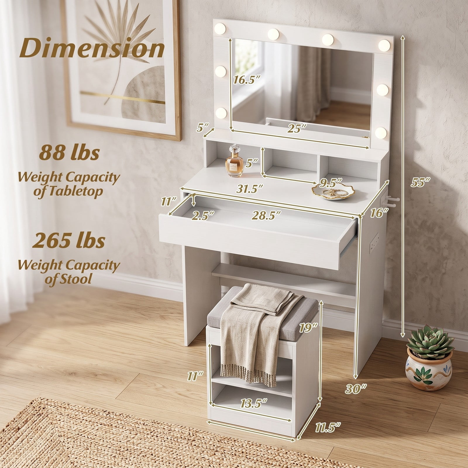 Furnibear Vanity Desk with Lighted Mirror and Charging Station, Makeup Vanity Table with 3 Lighting Modes and Cushioned Stool, White