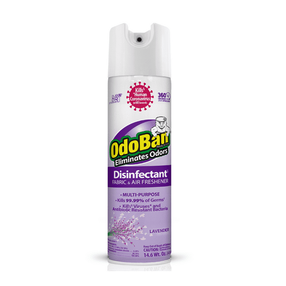 OdoBan Ready-to-Use 360-Degree Continuous Spray Disinfectant Multipurpose Cleaner and Harsh Aroma Eliminator, Fabric and Air Freshener, 14.6 Ounces, Lavender Scent