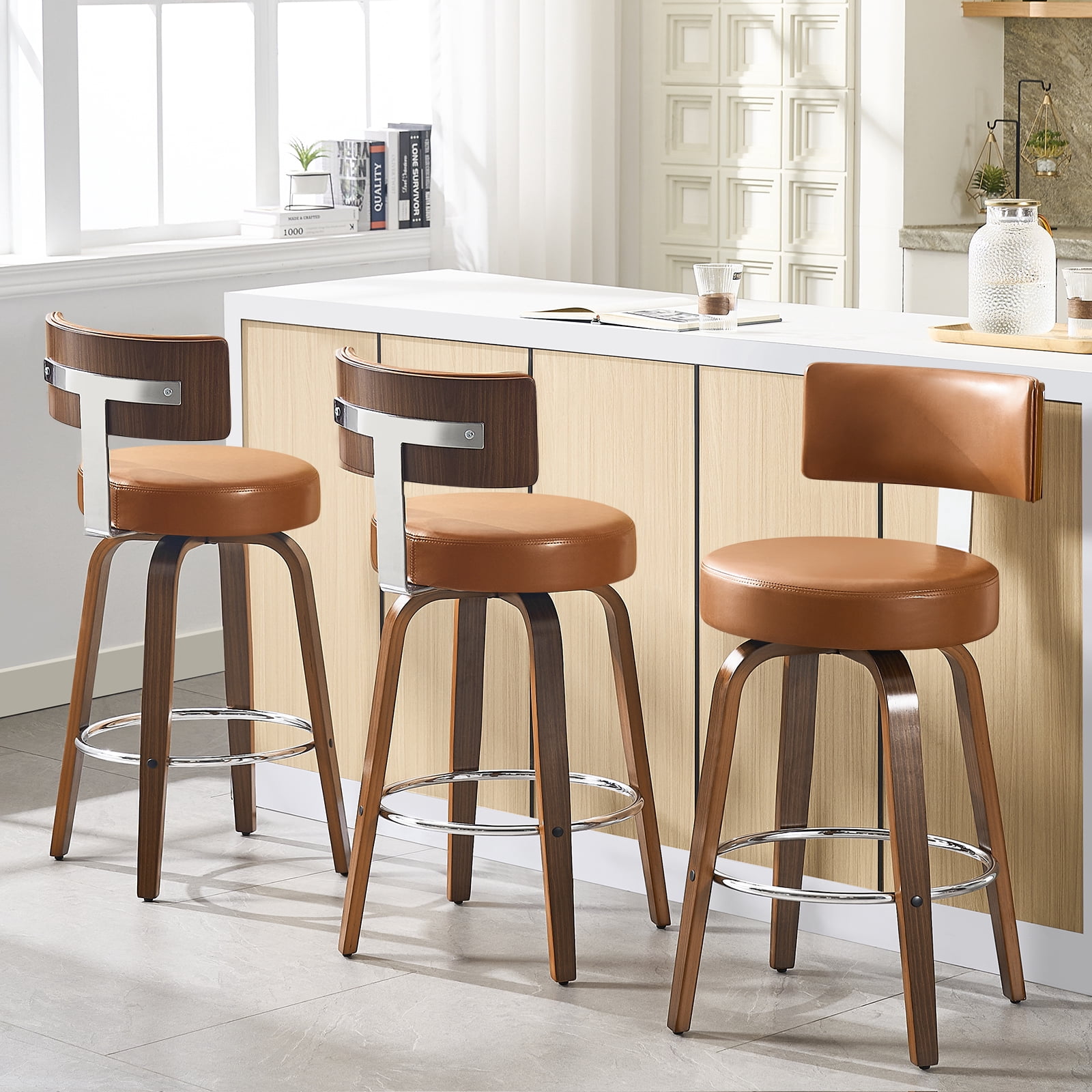 WOOW DEPOT PU Swivel Bar Stools Set of 2, 26" Seat Height Modern Upholstered Bar Chairs w/ Mid-back Round Seat Walnut Legs Leather Island Stools for Kitchen Counter