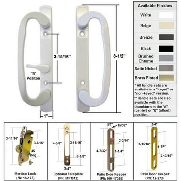 Sliding Glass Patio Door Handle Kit with Mortise Lock and Keepers, B-Position, Latch Lever is Off-Centered,  White, Non-Keyed