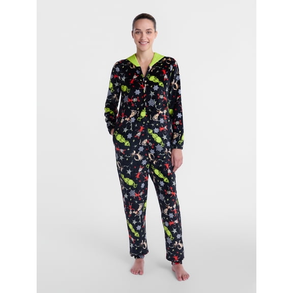 The Grinch Women's and Women's Plus Plush Union Suit Pajamas with Hood, Sizes XS-3X