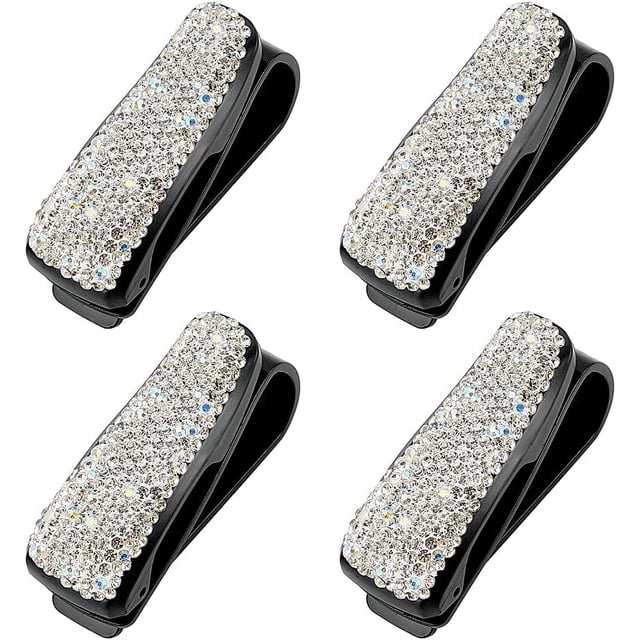 Soporte para gafas de sol para parasol de coche, 4 unidades, clip para gafas, colgador con brillantes diamantes de imitación, clip para tarjeta/boleto (negro)