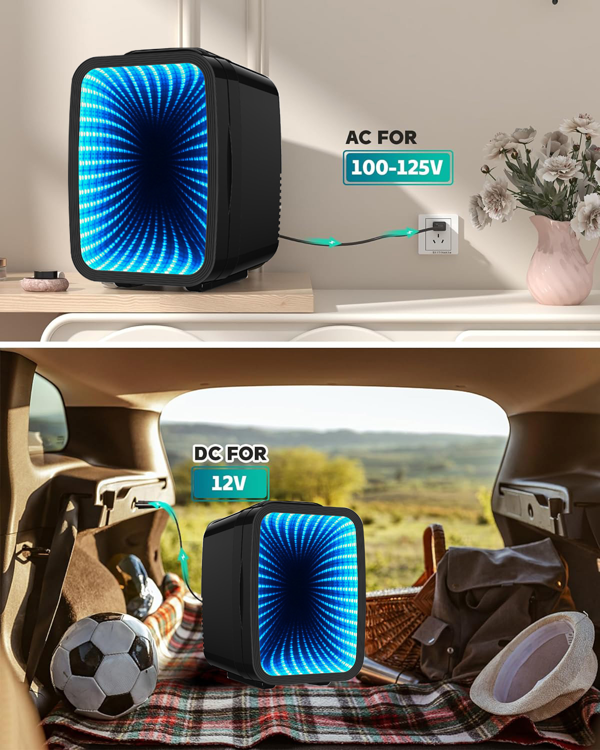 Aisutha Mini Fridge, 4 Liter/6 Cans Small Refrigerator With 6 Colorful Dimmable LED Light,Portable Cooler and Warmer mini fridge for Gaming room, Bedroom,Office and Car (Black)
