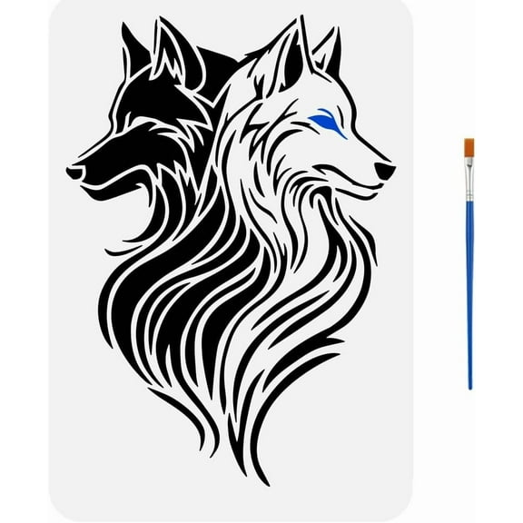 Two-Headed Wolf Stencil with Paint Brush 8.3x11.7inch Reusable Black White Wolf Template Two Head Wolf Stencil Wolf Pattern Template Animal Theme Stencil