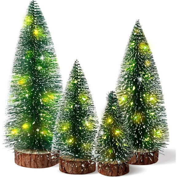 4pcs Mini Christmas Trees with Light, Artificial Christmas Tree Bottle Brush Trees with Wooden Base for Christmas Decor Party Home Table Holiday(Excluding battery)