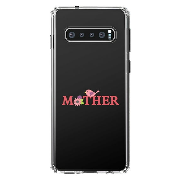 DistinctInk Clear Shockproof Hybrid Case for Samsung Galaxy S10 (6.1" Screen) - TPU Bumper Acrylic Back Tempered Glass Screen Protector - Mother - Pink Bird & Flowers