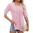 thumbnail image 5 of SLADYGLO Women Wheat Textured Square Neck Splice Half Sleeve Fake Two-piece Top, 5 of 7