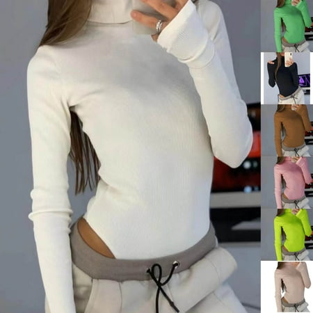 

Hesxuno Womens Solid Rompers Jumpsuit High-Necked Long Sleeve Jumpsuit Bodysuit