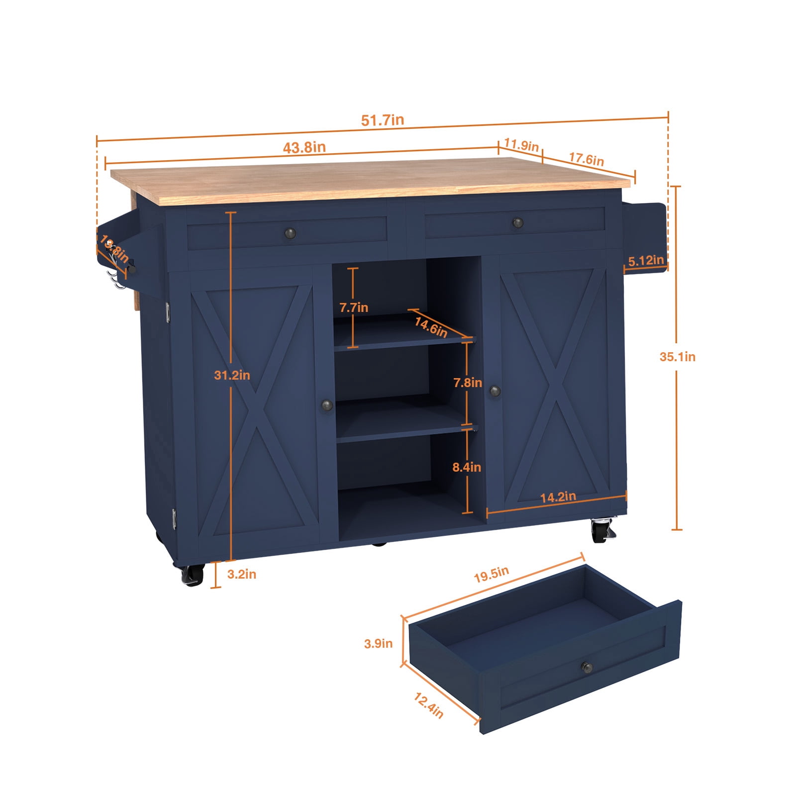 HLR 51.7" W Rolling Kitchen Island On Wheels, Cart With Drop Leaf Countertop with Storage, Blue