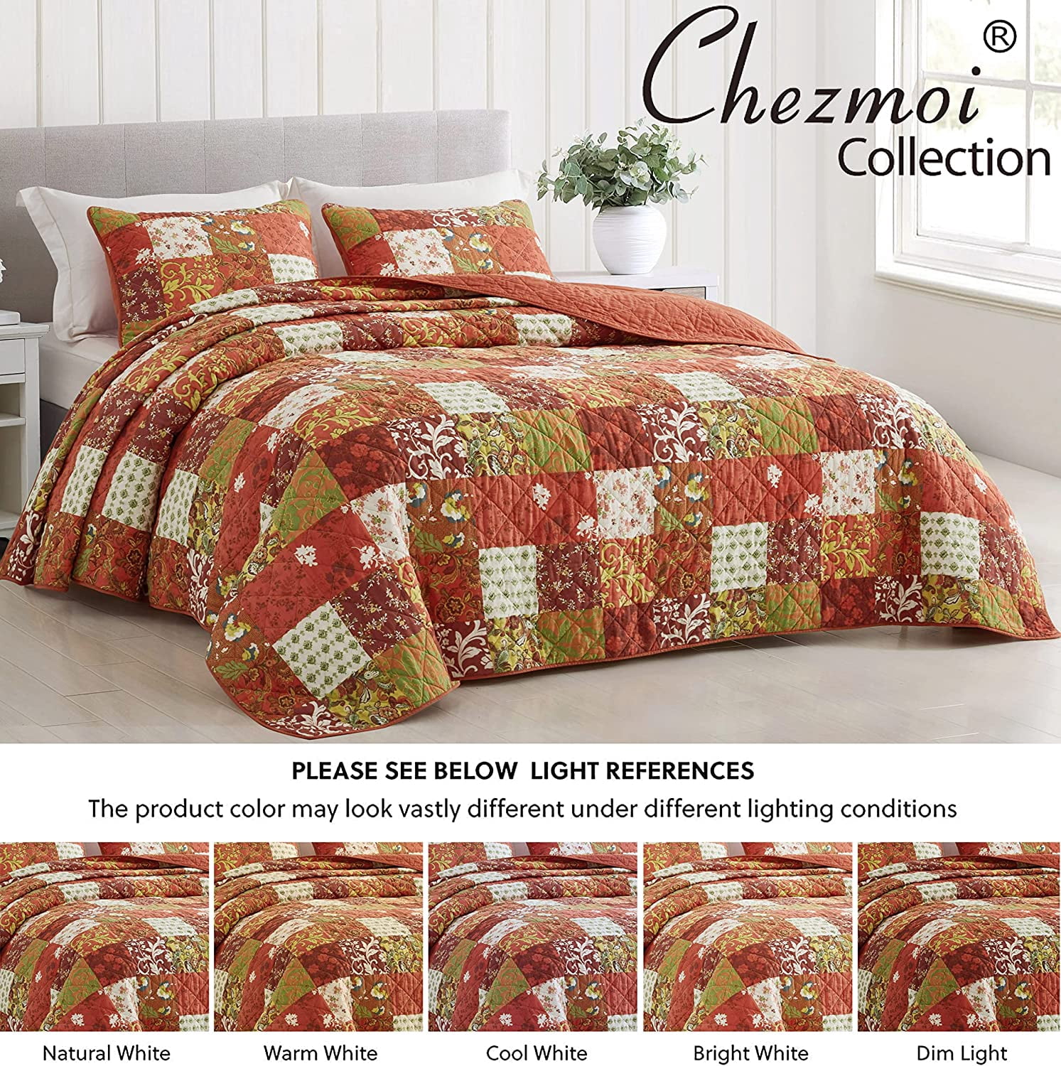 Chezmoi Collection Leilani 3-Piece Boho Washed Cotton Quilt Set Queen Size - Bohemian Quilted Bedding Orange Green White Floral Printed Patchwork Lightweight Bedspread Set for All Season