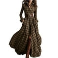 thumbnail image 2 of Stichou 2026 Plaid Maxi Dress for Women Vintage Long Sleeve V Neck Button Down Flowy Casual Checkered Ruffle Maxi Shirt Dresses with Belt Coffee L, 2 of 4