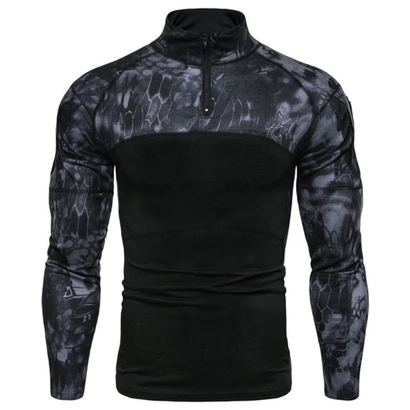 FRSASU Men Tops Men Outdoor Fitness Camouflage Long Sleeve Zipper Pocket Stretch T-Shirt Tops