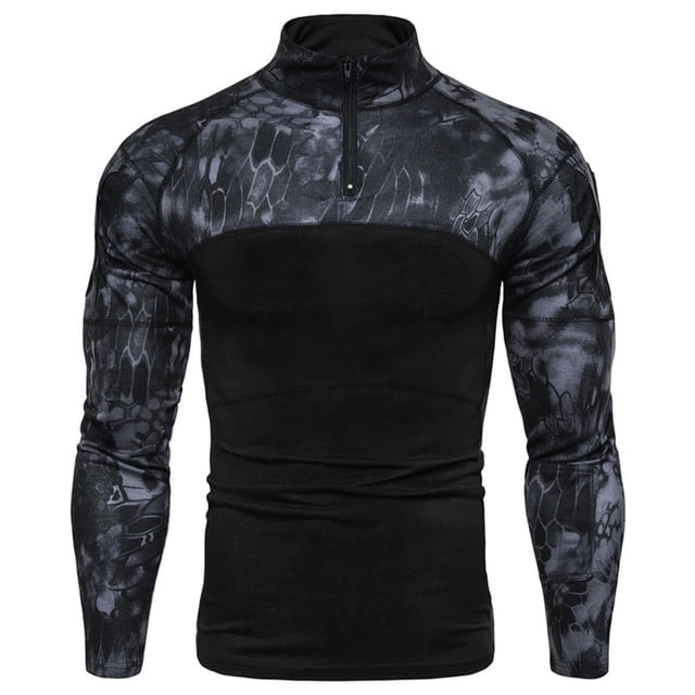 Hombres Fitness al aire libre Camuflaje Manga larga Cremallera Bolsillo Elástico Camiseta Tops Pompotops oipoqjl7581