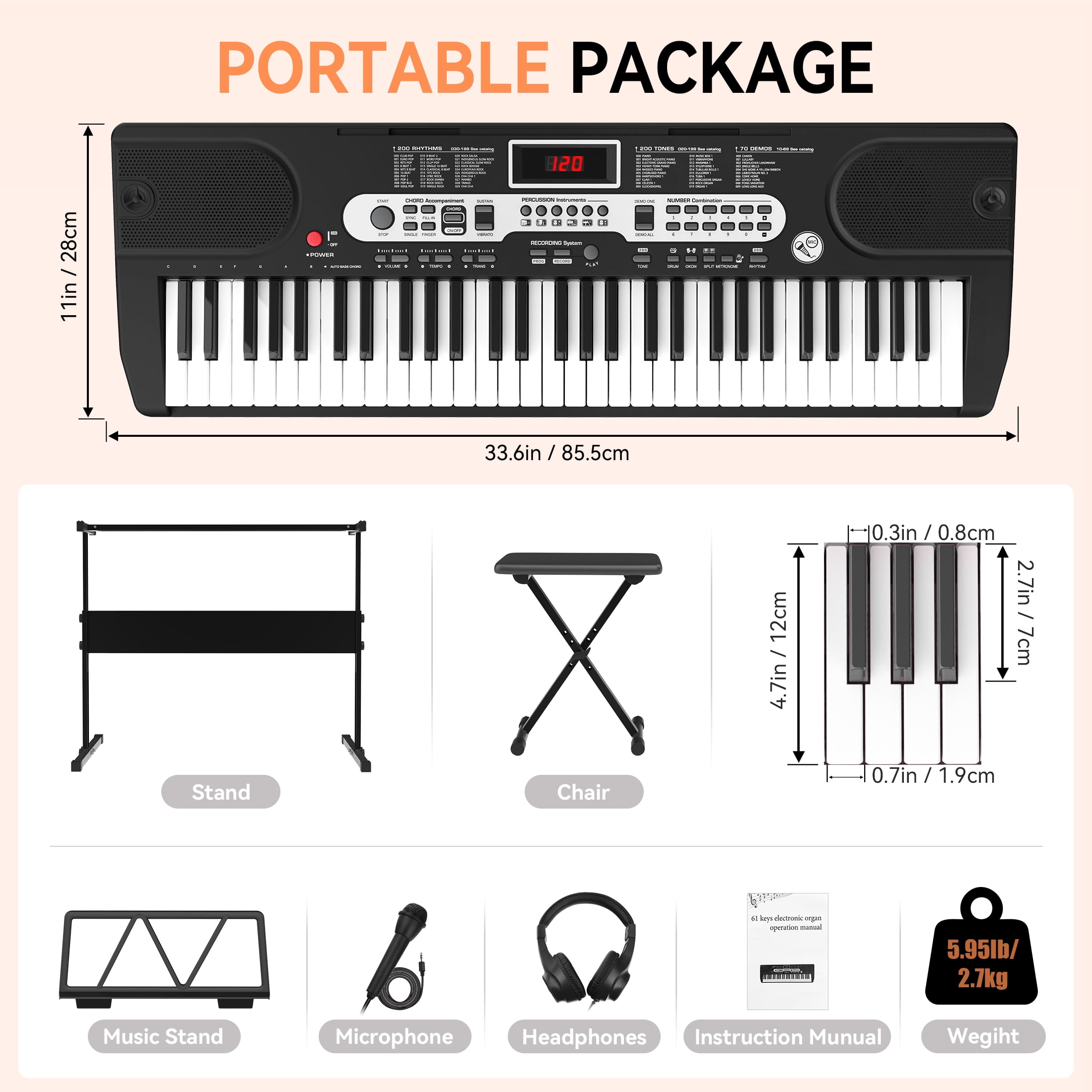 Fenbeli 61 Key Piano Keyboard Kit with Music Sheet Stand, Stool, Headphones, Microphone, 200 Tones & Rhythms