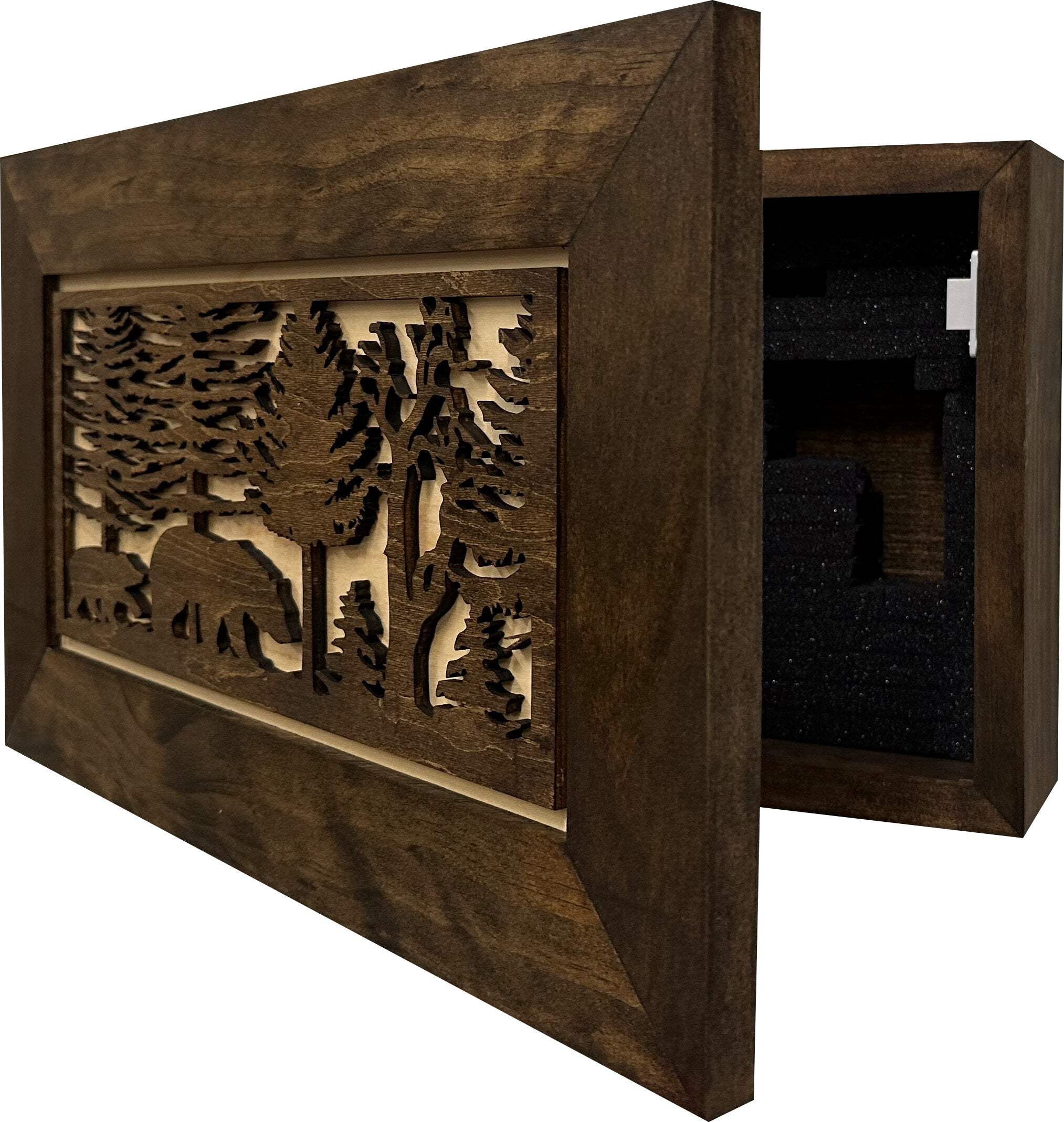 Bellewood Designs Wood Gun Cabinet Wall Decor, Bears in the Woods, Hidden Gun Safe, Secure Pistol Storage Rack