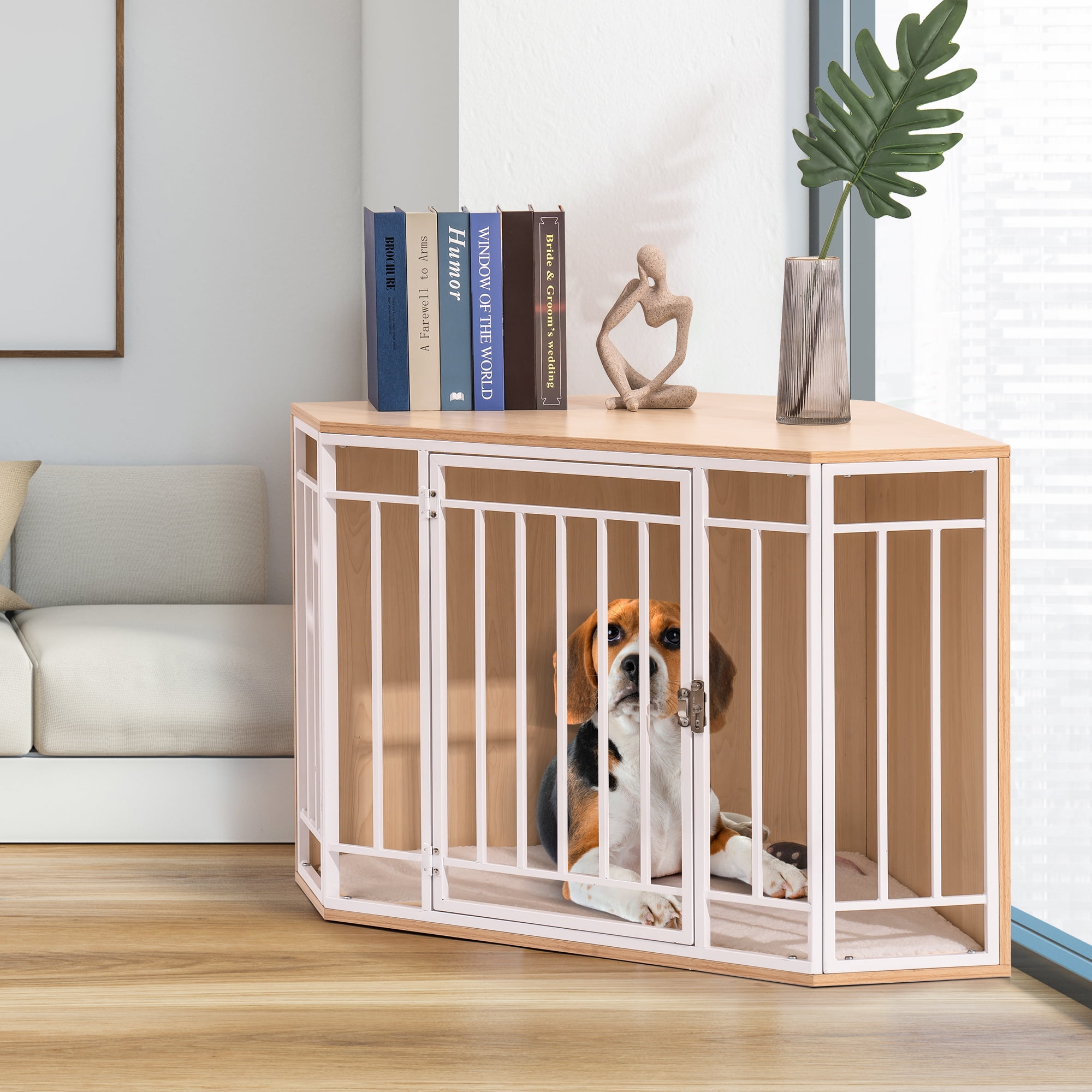 Pefilos 43" Dog Crate Furniture with Cushion, Wooden Dog Cage Dog House Furniture, Indoor Dog Kennel for Small/Medium,End Table, Beige Pefilos 43" Dog Crate Furniture with Cushion, Wooden Dog Cage Dog House Furniture, Indoor Dog Kennel for Small/Medium,End Table, Beige