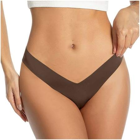 Ashirexll Panties for Women  Thongs for Women Low Waist Deep V-Neck Solid Color Seamless Traceless Stretch Silk Thong Panties Brown L