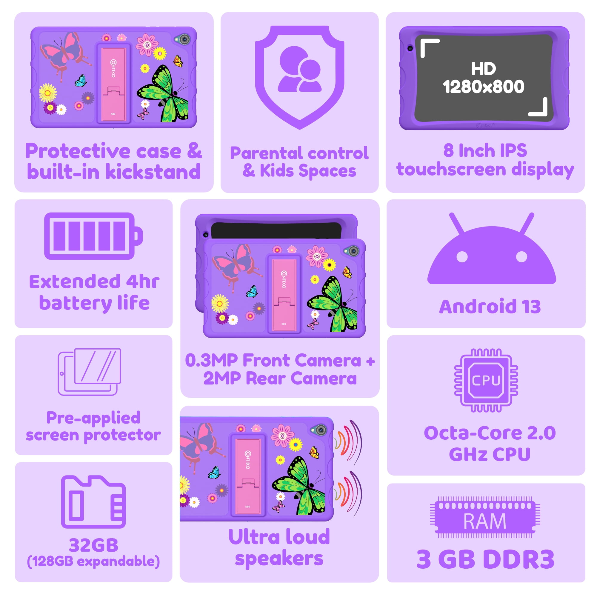 Contixo K80A Kids Tablets, Education Tablets for Kids with Kid-Proof Tablet Case, 8”, Purple