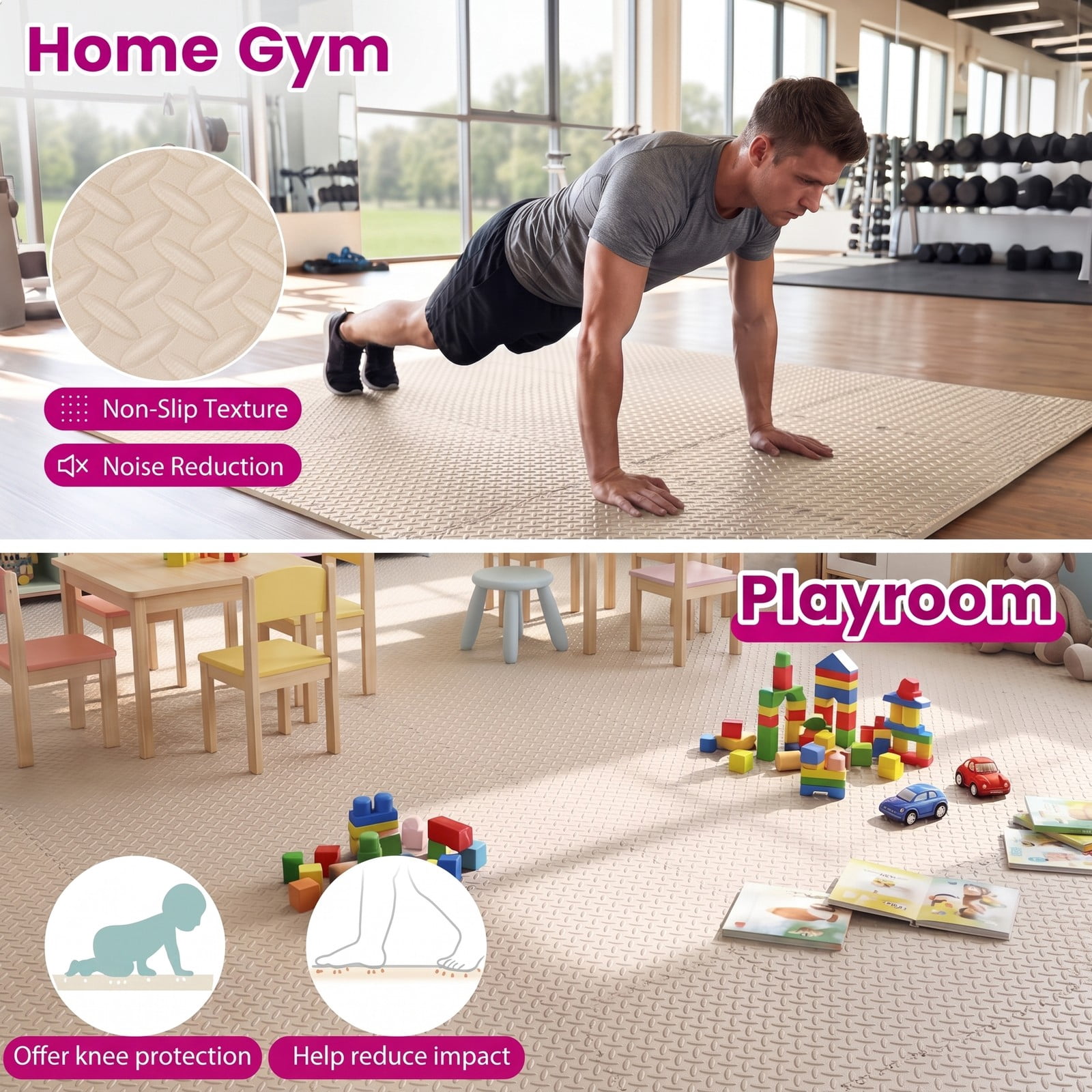Airfind 12 Tiles Puzzle Exercise Floor Mat with Interlocking EVA Foam and Non-Slip Texture for Home Gym Equipment Protection, Beige