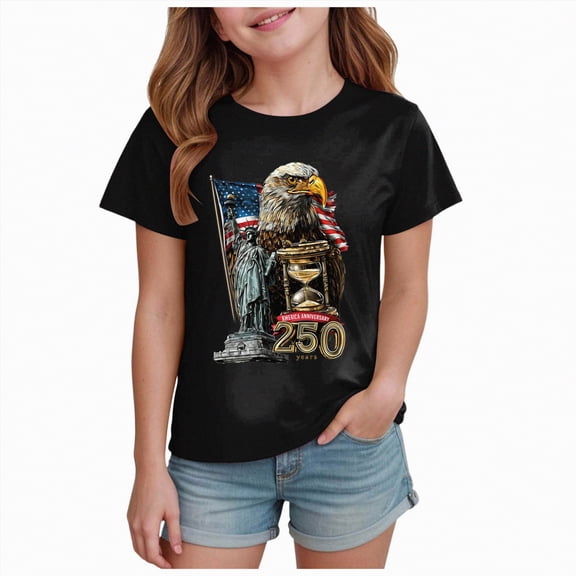 Toddler Girls USA 250th Anniversary T Shirt Patriotic American Flag Eagle Print Short Sleeve Tops Casual Comfort Tee for 1776-2026 America 250 Years Celebration Gibobby,3-4 Years,Black