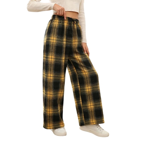 shoper Girl's Plaid Straight Leg Pants Elastic Waist Casual Loose Long Trousers with Pocket for 5-14 Years Yellow
