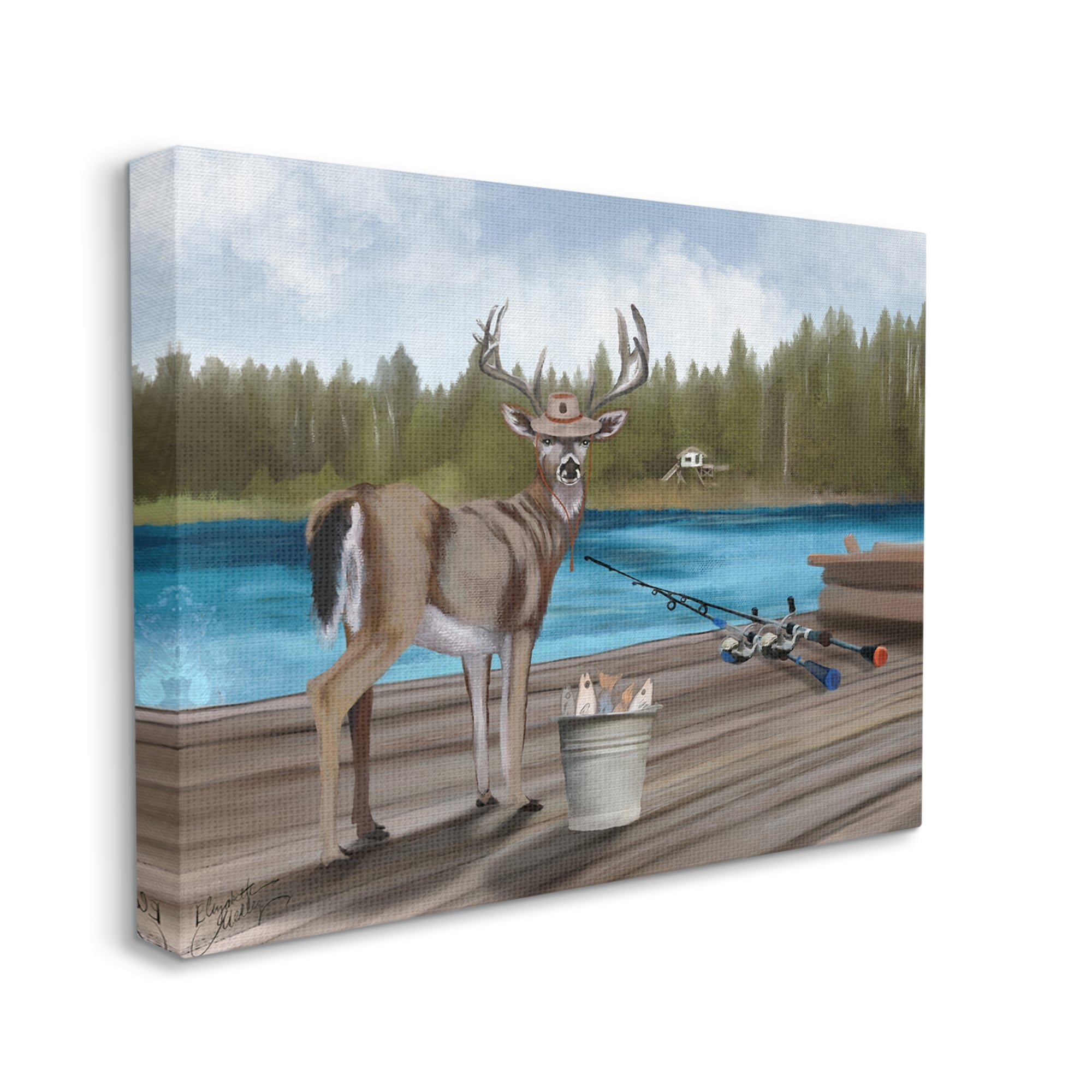 Stupell Funny Fisherman Deer Camp Lake Animals & Insects Painting Gallery Wrapped Canvas Print Wall Art
