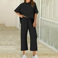 thumbnail image 2 of FRSASU Women's Two Piece Solid Color Outfits Short Batwing Sleeve Capelet Crew Neck Pullover Top Wide Leg Pants Lounge Set Black S(S), 2 of 9