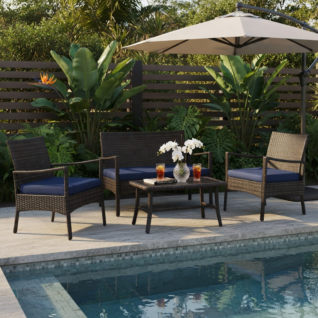 Hommoo 4-Piece Outdoor Wicker Conversation Set with Tempered Glass Coffee Table, Heavy-Duty Metal Frame, Weather-Resistant PE Rattan, Washable Cushions, Navy