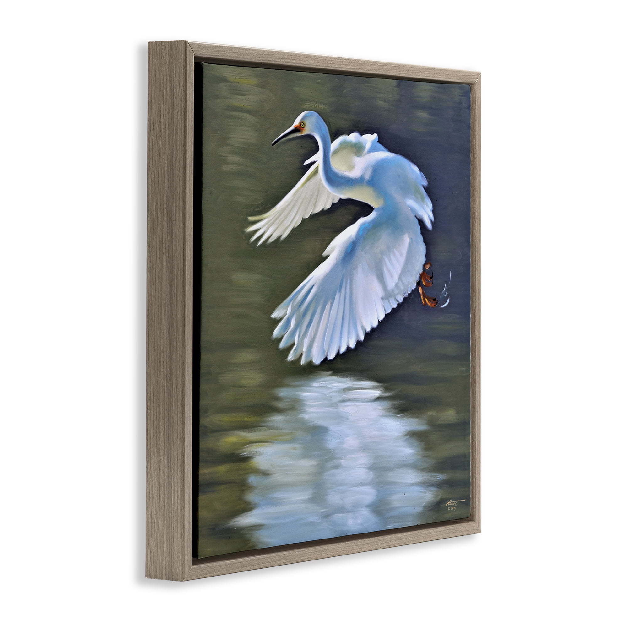 Stupell Industries Egret Flying Lake Surface Animals & Insects Painting Brown Floater Framed Canvas Art Print Wall Art, 18 x 18