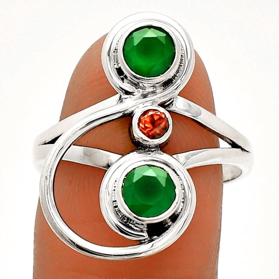 Natural Green Onyx & Garnet 925 Sterling Silver Ring s.9 Jewelry R-1231 SDR233290