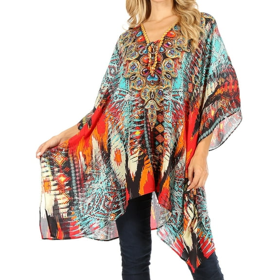 Sakkas Aymee Women's Caftan Poncho Cover up V neck Top Lace up With Rhinestone - AM107-Multi - One Size