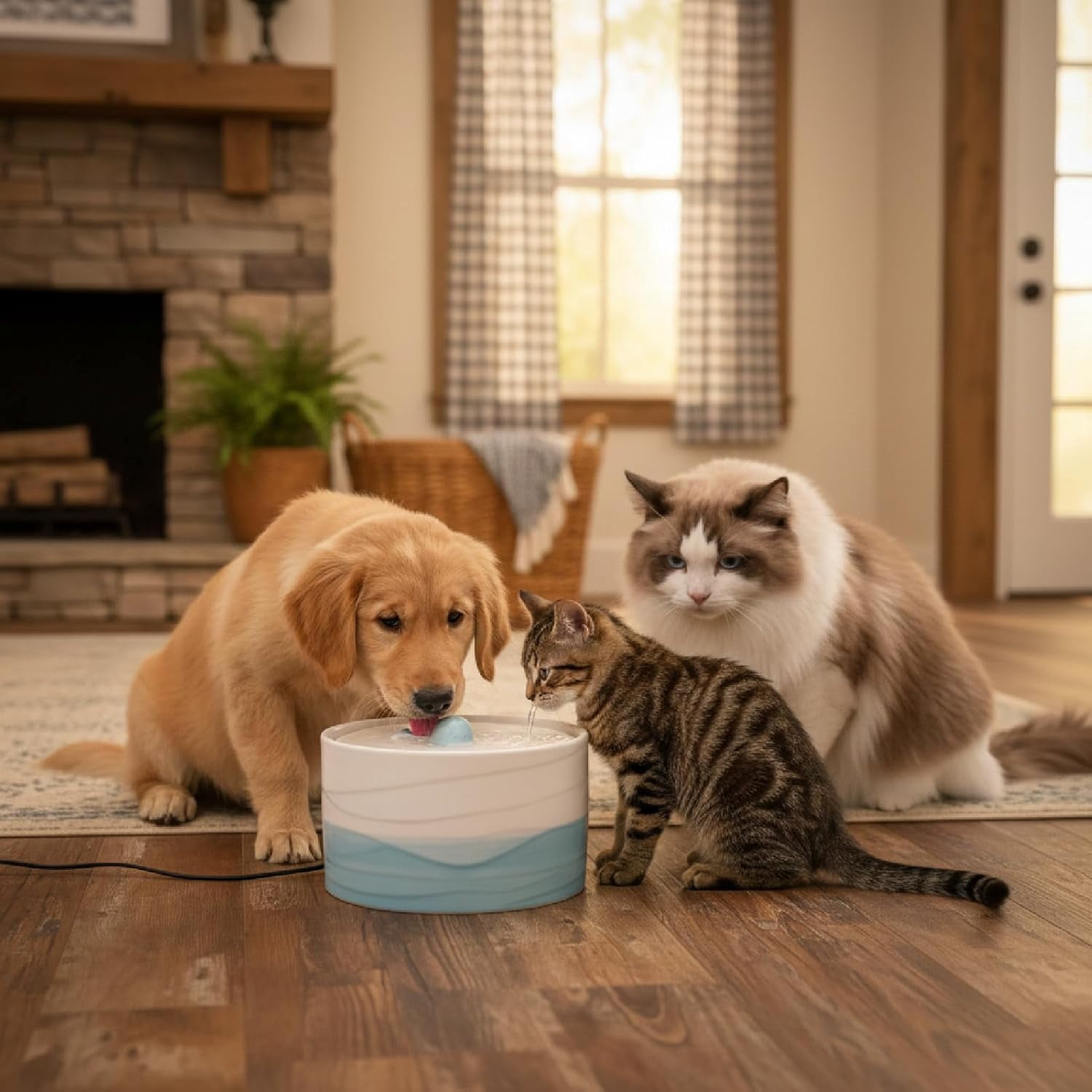 Ceramic Cat Water Fountain - Blue White Gradient 1300ml (45oz) Large Capacity Whale Design Pet Water Dispenser with Filter Automatic Circulation Quiet Pump for Cats and Small Dogs