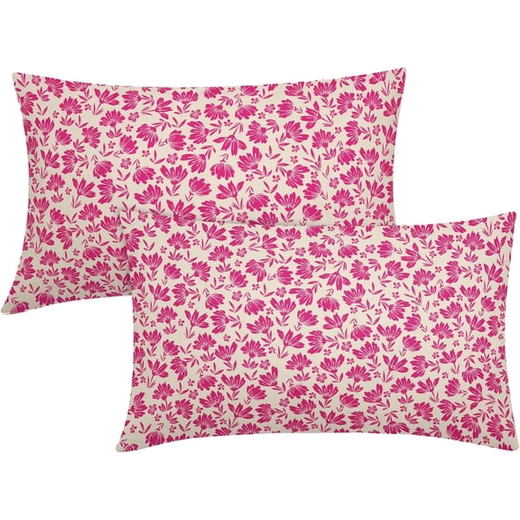 Daisy Floral Block Print Lumbar Pillow Covers 12X20 Inch Hot Pink Beige Flowers Decorative Pillow Cases Set of 2 Farmhouse Home Decor Vintage Rustic Cute Throw Pillows for Sofa Couch Outdoor