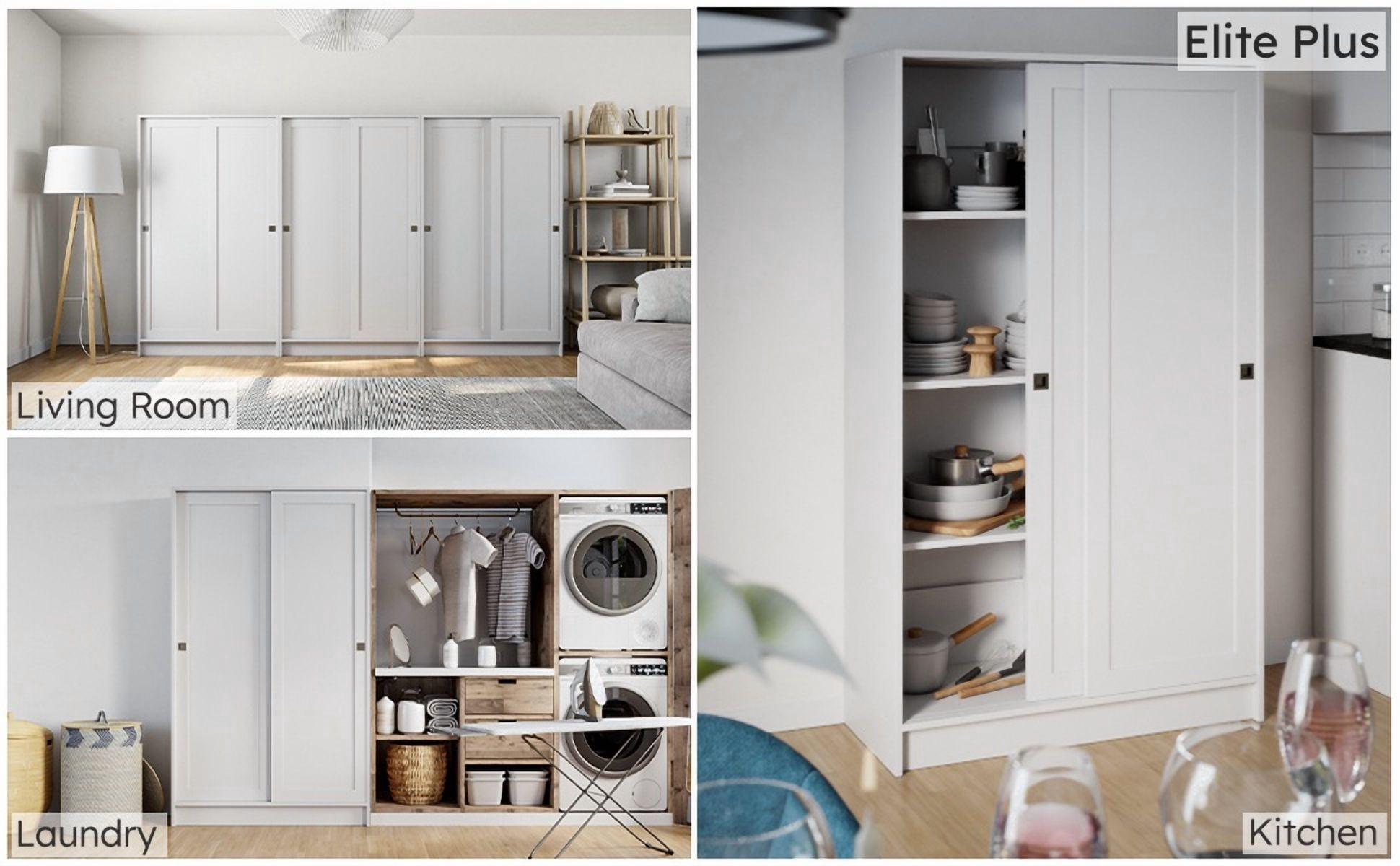 Prepac Elite Plus 38" Wide Storage Cabinet, 65" Tall Pantry Cupboard with 2 Fixed and 4 Adjustable Shelves, Laundry Room Cupboard with Sliding Doors and Metal Knobs, Living Room Accent Cabinet, White