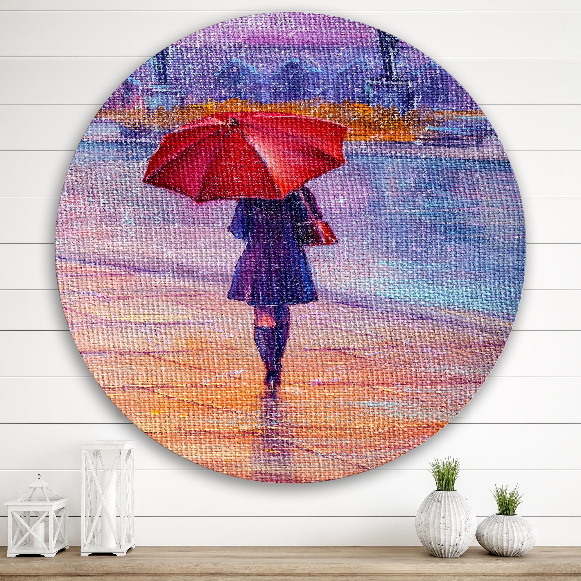 Designart 'Girl Walking With Red Umbrella Under The Rain' French Country Circle Metal Wall Art 36x36 - Disc of 36