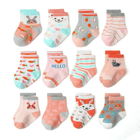 12 Pairs Baby Girls Toddlers Grips Socks Kids Non Slip/Anti Skid Crew Cotton Cartoon Rabbit Socks