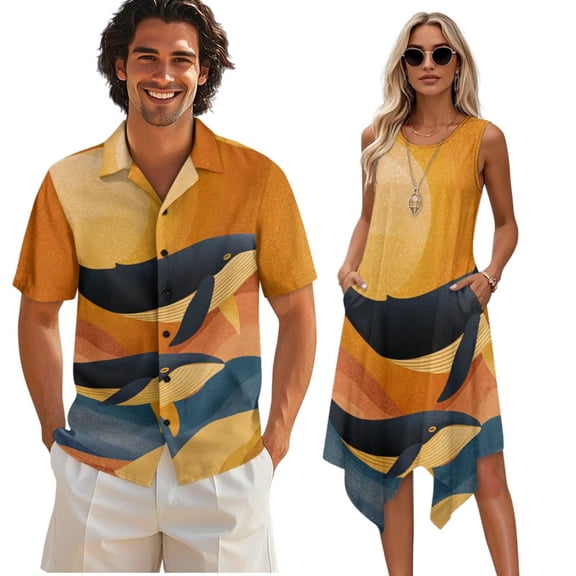 Psesaysky Couple Matching Clothes for Husband Wife Whale Print Sleeveless Flared Mini Sundress and Button Down Hawaiian Aloha Shirt for Holiday Party