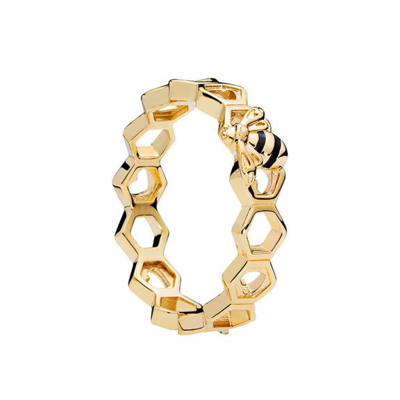 Womens Sterling Silver Ring S925 Plated 18k Gold Bee Nest Hollow Hexagonal Insect Nature Inspired Jewelry For Women