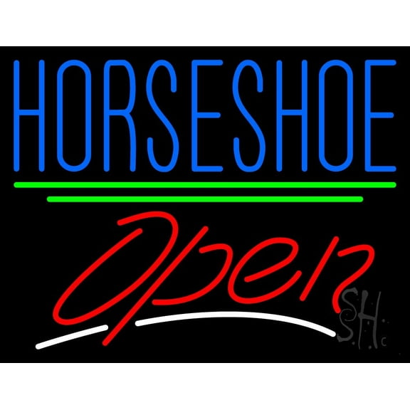 Horseshoe Open LED Neon Sign 24 x 31 - inches, Black Square Cut Acrylic Backing, with Dimmer - Bright and Premium built indoor LED Neon Sign for store interior Décor, Storefront.