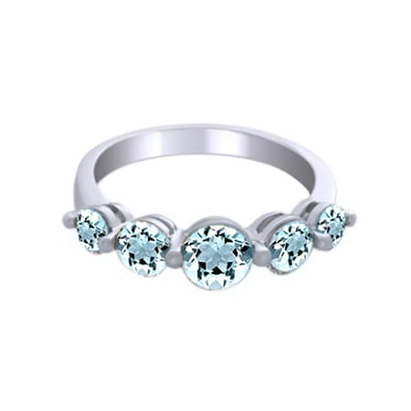 Round Cut Simulated Blue Aquamarine CZ Five Stone Ring in 14k White Gold Over Sterling Silver By Jewel Zone US