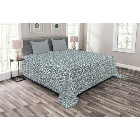 Natures Damask - Damask Bedspread Set, Curvy Repeating Renaissance Motifs Inspired by Nature Vintage Design Curls Leaves, Decorative Quilted Coverlet Set with Pillow Shams Included, Grey White, by Ambesonne