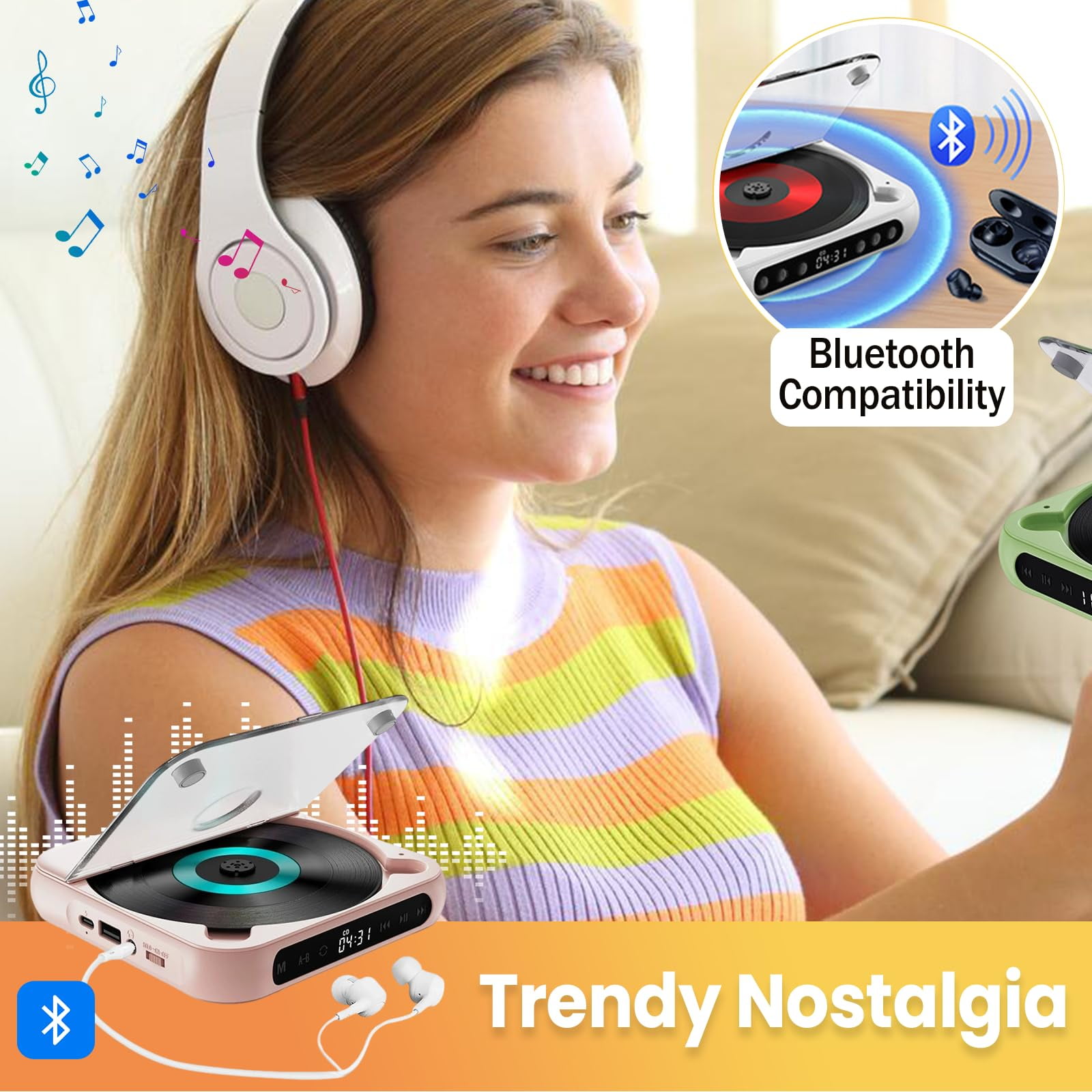 Portable Bluetooth CD player supports Hi-Fi sound quality wireless/wired playback rechargeable compact and portable suitable for travel home and car use (pink)