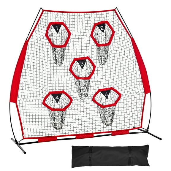 KFFKFF 7 x 7 ft Football Trainer Throwing Net, Practice Target Net with 5 Pockets, Durable Knotless Design with Straps and Carry Case, Enhance Quarterback Throwing Precision, Red