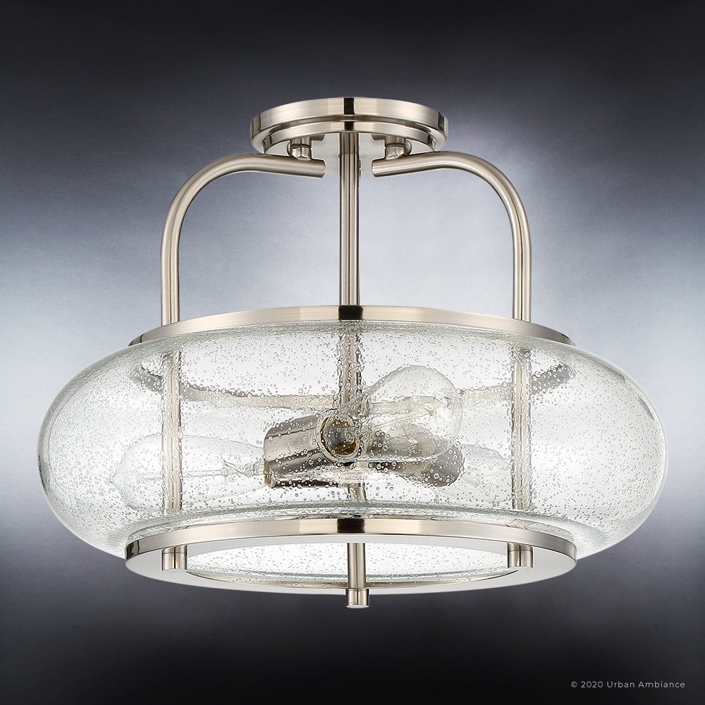 Luxury Utilitarian Indoor Ceiling Light, 12.00''H x 16.00''W, with Coastal Style Elements, Nautical Design, Brushed Nickel Finish and Clear Seeded Glass, UQL3310